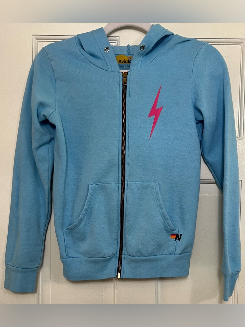 Aviator Nation Kids Light Blue Zip Hoodie with Pink Lightning Bolt